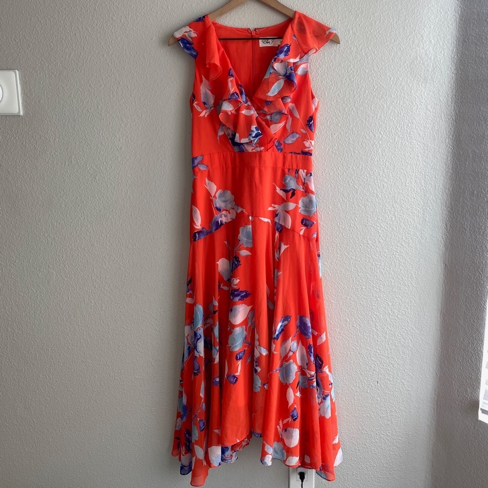 Eliza J Floral Print Shark Bite Hem Midi Dress Size 4 - Picture 2 of 8